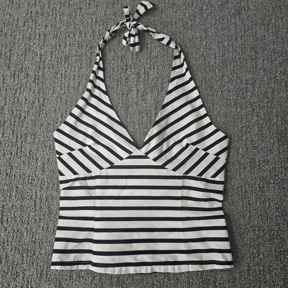 White House Black Market XS Black White Striped Halter Top Y2K Nautical Pinup